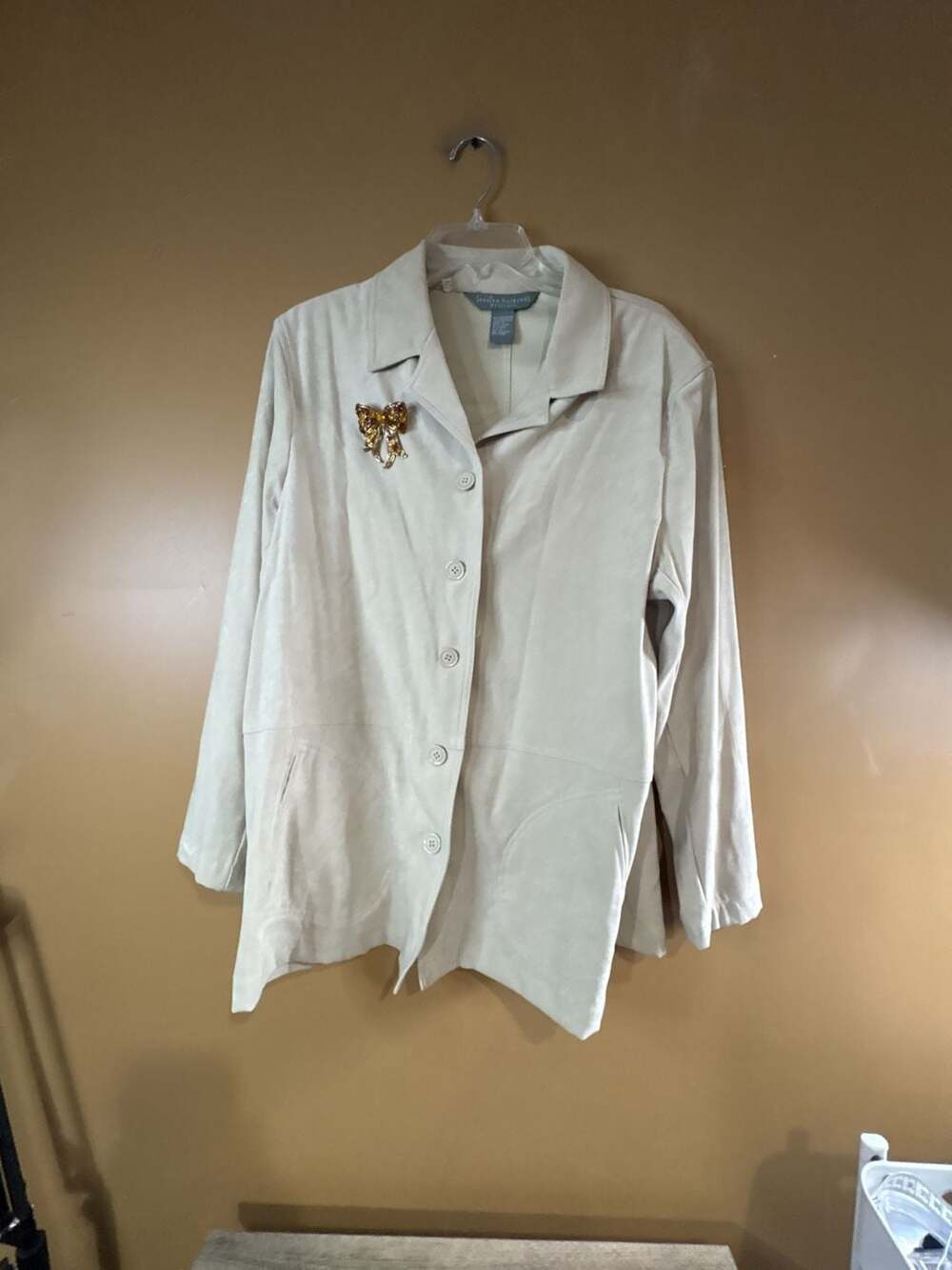 HC1094 Jessica Holbrook Easy Care Beige Suede Look Button Up Jacket Size L